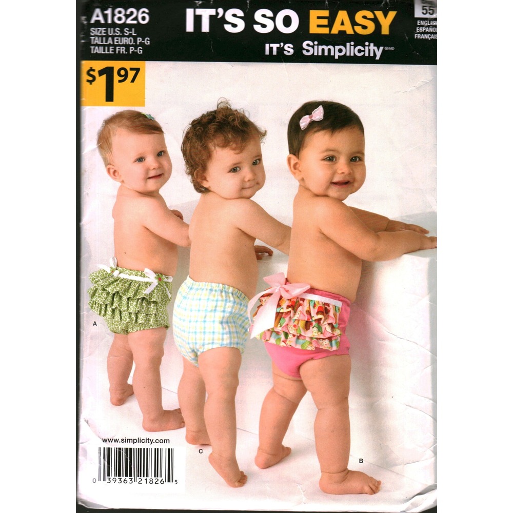 Simplicity A1826 Babies Diaper Cover Sewing Pattern Ruffles Bows Sizes S-L